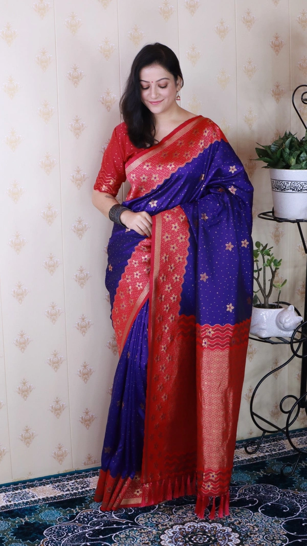 Premium Banarasi Soft Silk Saree with Gold Zari Flower Weaves & Wavy Border - FREE, VIOLET