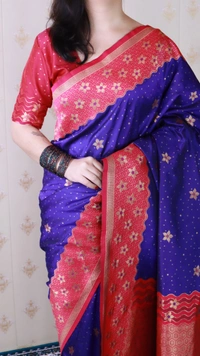 Premium Banarasi Soft Silk Saree with Gold Zari Flower Weaves & Wavy Border - FREE, VIOLET