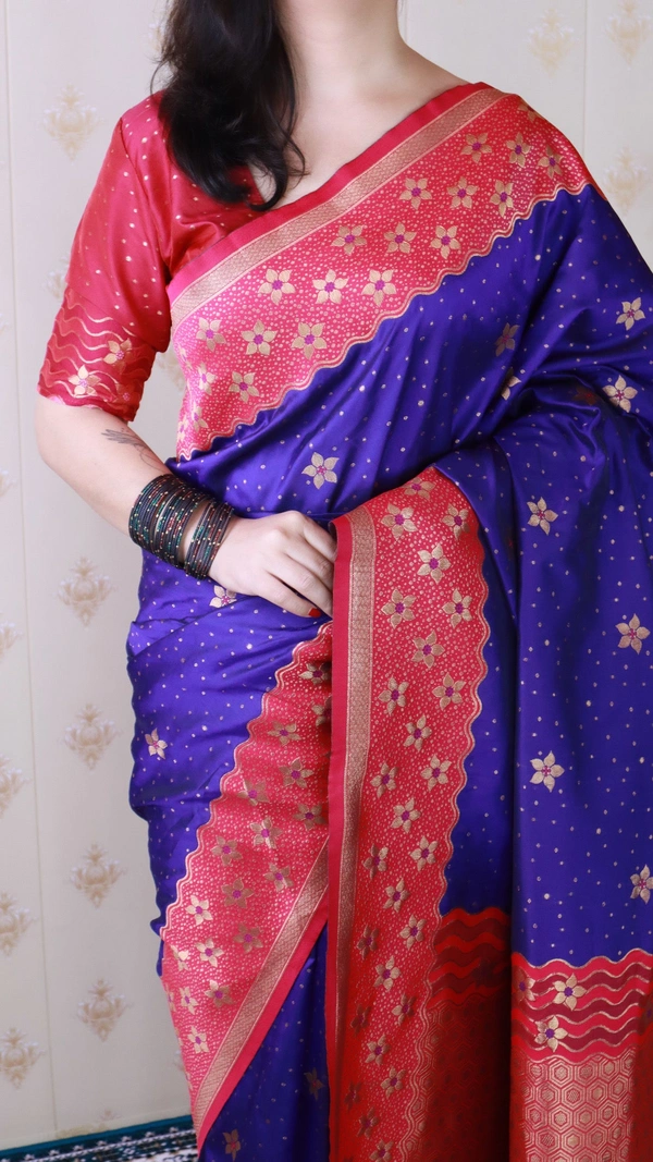 Premium Banarasi Soft Silk Saree with Gold Zari Flower Weaves & Wavy Border - FREE, VIOLET
