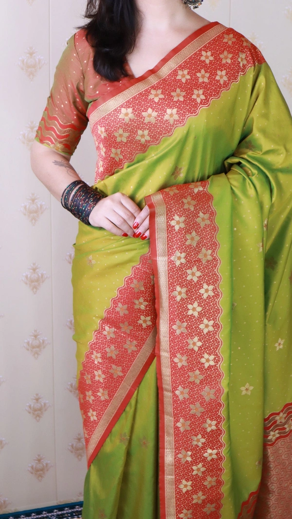 Premium Banarasi Soft Silk Saree with Gold Zari Flower Weaves & Wavy Border - FREE, MEHENDI