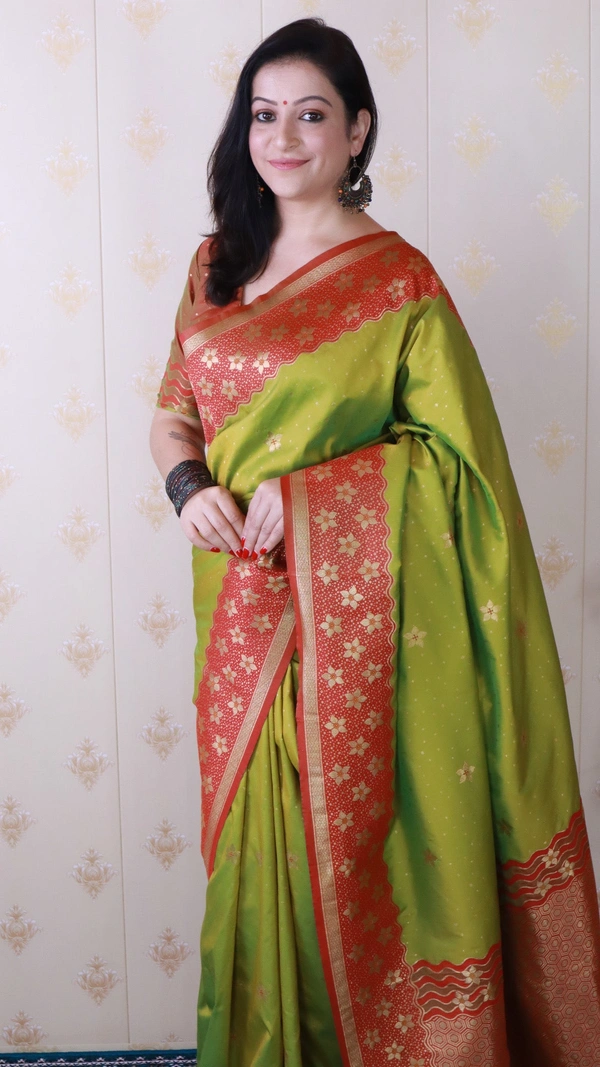Premium Banarasi Soft Silk Saree with Gold Zari Flower Weaves & Wavy Border - FREE, MEHENDI