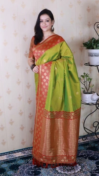 Premium Banarasi Soft Silk Saree with Gold Zari Flower Weaves & Wavy Border - FREE, MEHENDI
