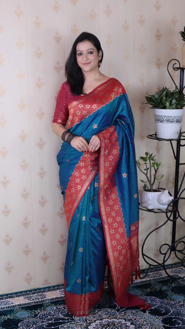 Premium Banarasi Soft Silk Saree with Gold Zari Flower Weaves & Wavy Border