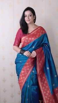 Premium Banarasi Soft Silk Saree with Gold Zari Flower Weaves & Wavy Border - FREE, RAMA