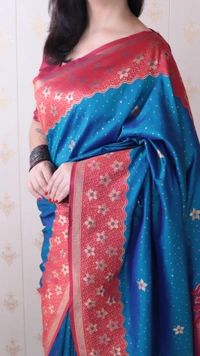 Premium Banarasi Soft Silk Saree with Gold Zari Flower Weaves & Wavy Border - FREE, RAMA