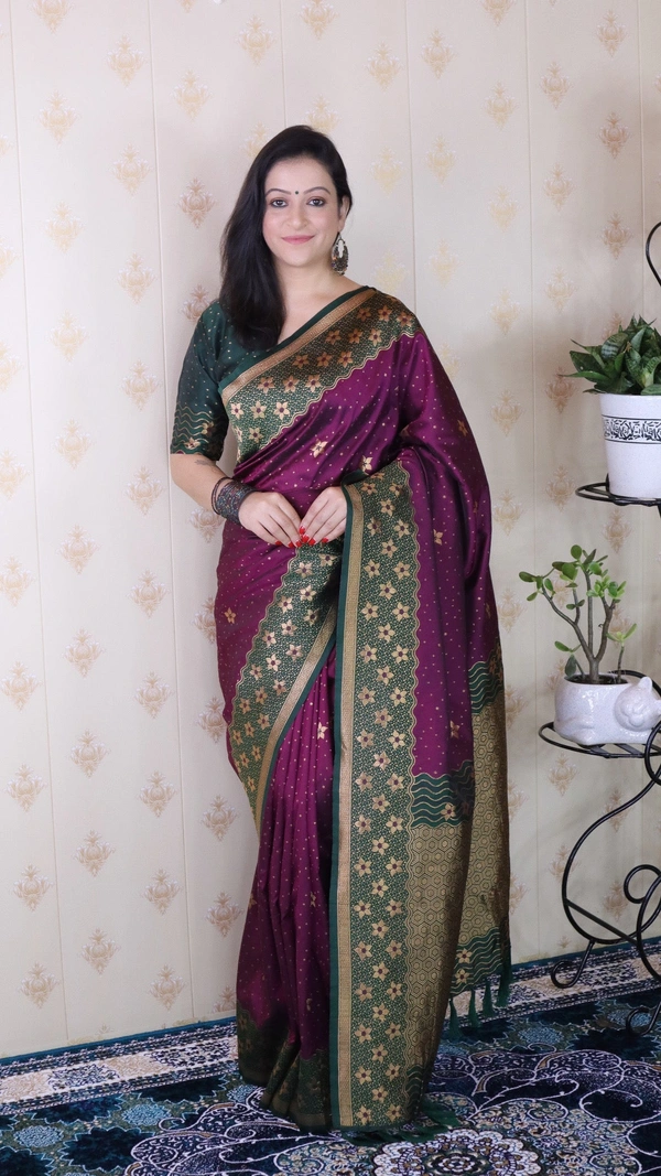 Premium Banarasi Soft Silk Saree with Gold Zari Flower Weaves & Wavy Border