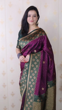 Premium Banarasi Soft Silk Saree with Gold Zari Flower Weaves & Wavy Border - FREE, WINE