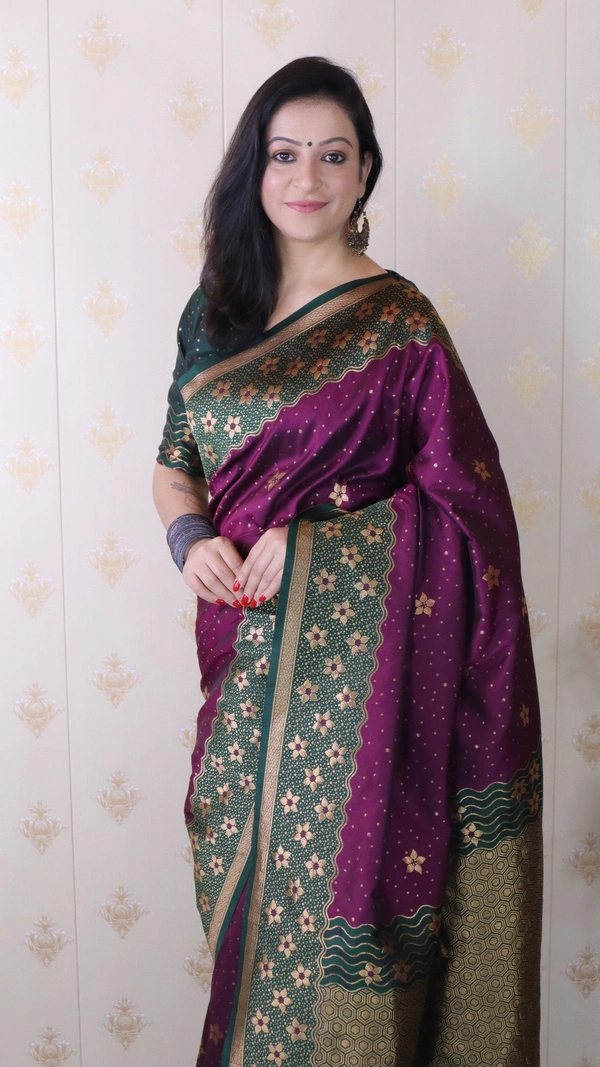 Premium Banarasi Soft Silk Saree with Gold Zari Flower Weaves & Wavy Border - FREE, WINE