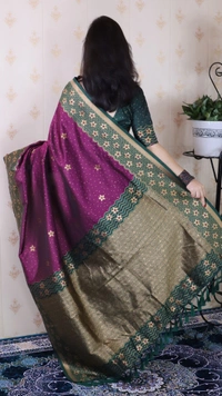 Premium Banarasi Soft Silk Saree with Gold Zari Flower Weaves & Wavy Border - FREE, WINE