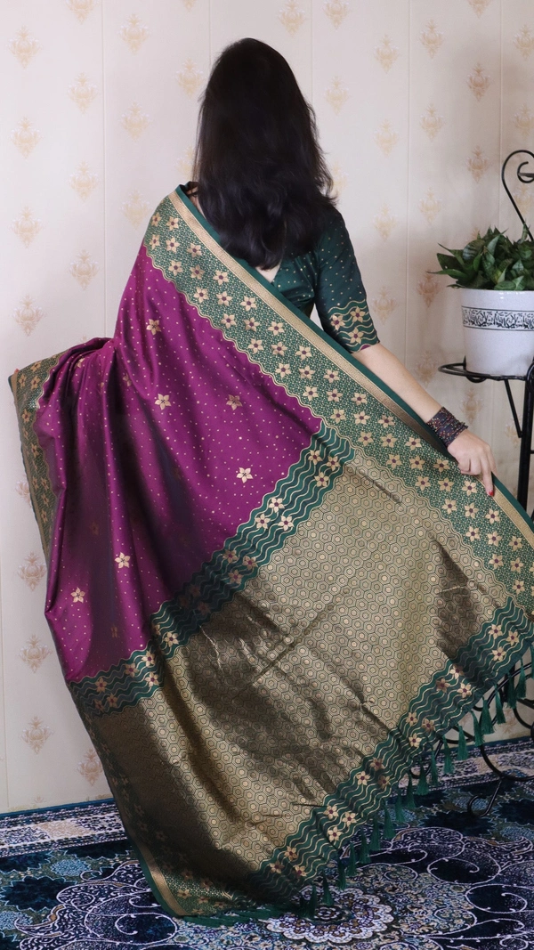 Premium Banarasi Soft Silk Saree with Gold Zari Flower Weaves & Wavy Border - FREE, WINE