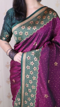 Premium Banarasi Soft Silk Saree with Gold Zari Flower Weaves & Wavy Border - FREE, WINE