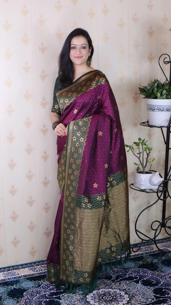 Premium Banarasi Soft Silk Saree with Gold Zari Flower Weaves & Wavy Border - FREE, WINE