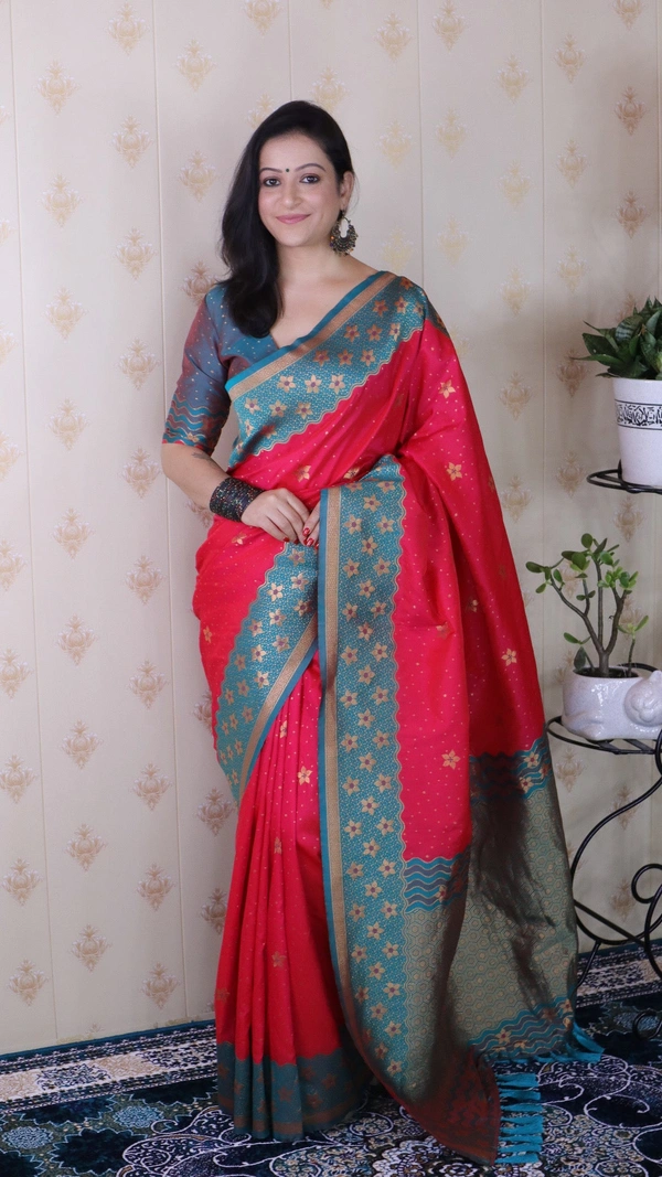 Premium Banarasi Soft Silk Saree with Gold Zari Flower Weaves & Wavy Border