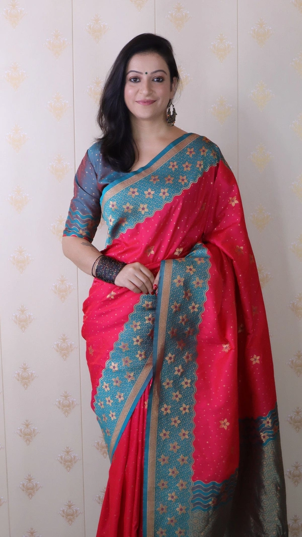 Premium Banarasi Soft Silk Saree with Gold Zari Flower Weaves & Wavy Border - FREE, PINK