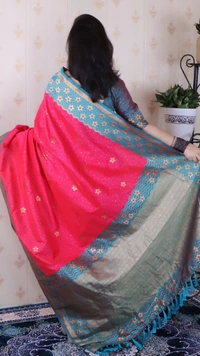 Premium Banarasi Soft Silk Saree with Gold Zari Flower Weaves & Wavy Border - FREE, PINK