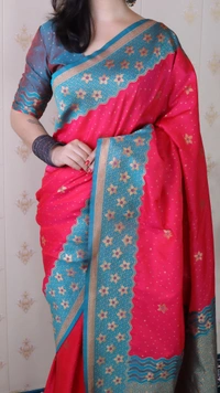 Premium Banarasi Soft Silk Saree with Gold Zari Flower Weaves & Wavy Border - FREE, PINK