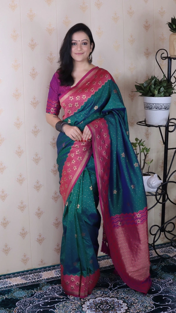 Premium Banarasi Soft Silk Saree with Gold Zari Flower Weaves & Wavy Border