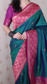 Premium Banarasi Soft Silk Saree with Gold Zari Flower Weaves & Wavy Border - FREE, PGREEN