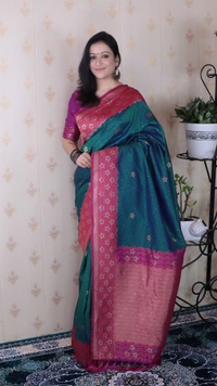 Premium Banarasi Soft Silk Saree with Gold Zari Flower Weaves & Wavy Border - FREE, PGREEN