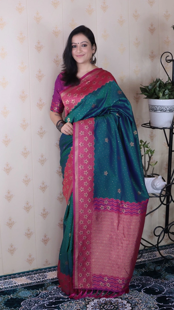 Premium Banarasi Soft Silk Saree with Gold Zari Flower Weaves & Wavy Border - FREE, PGREEN