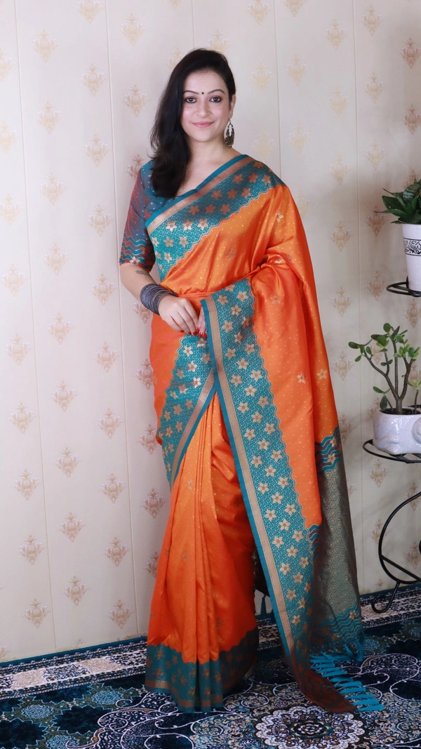 Premium Banarasi Soft Silk Saree with Gold Zari Flower Weaves & Wavy Border