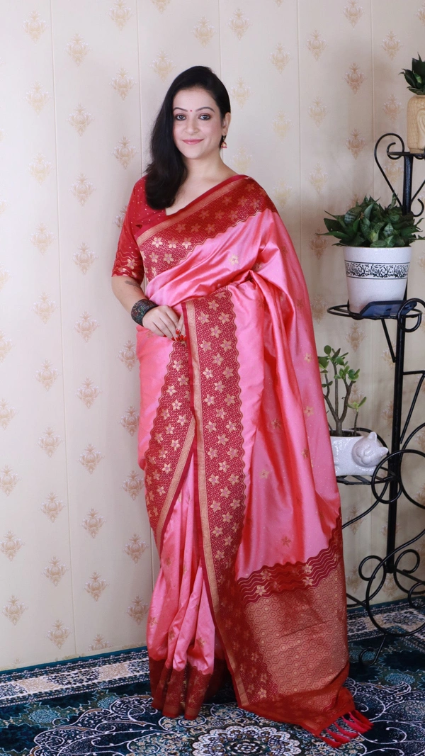 Premium Banarasi Soft Silk Saree with Gold Zari Flower Weaves & Wavy Border