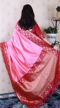 Premium Banarasi Soft Silk Saree with Gold Zari Flower Weaves & Wavy Border - FREE, BABY PINK