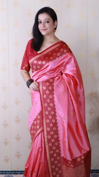 Premium Banarasi Soft Silk Saree with Gold Zari Flower Weaves & Wavy Border - FREE, BABY PINK