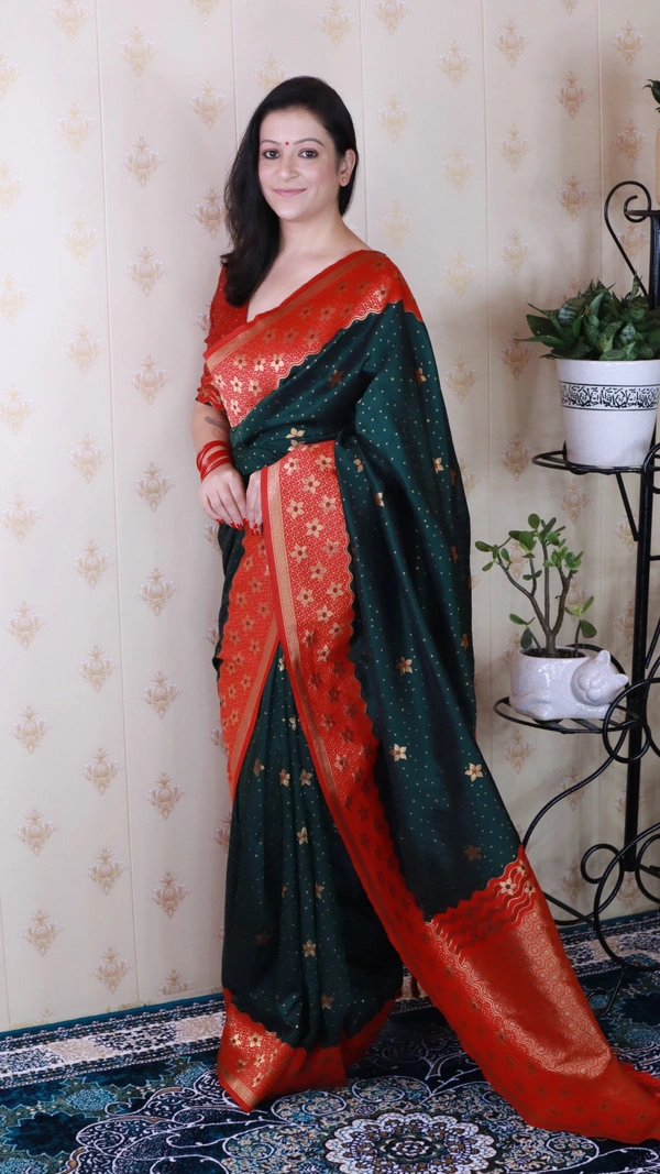 Premium Banarasi Soft Silk Saree with Gold Zari Flower Weaves & Wavy Border