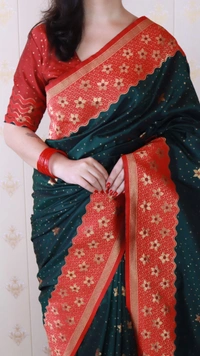 Premium Banarasi Soft Silk Saree with Gold Zari Flower Weaves & Wavy Border - FREE, BOTTLEGREEN
