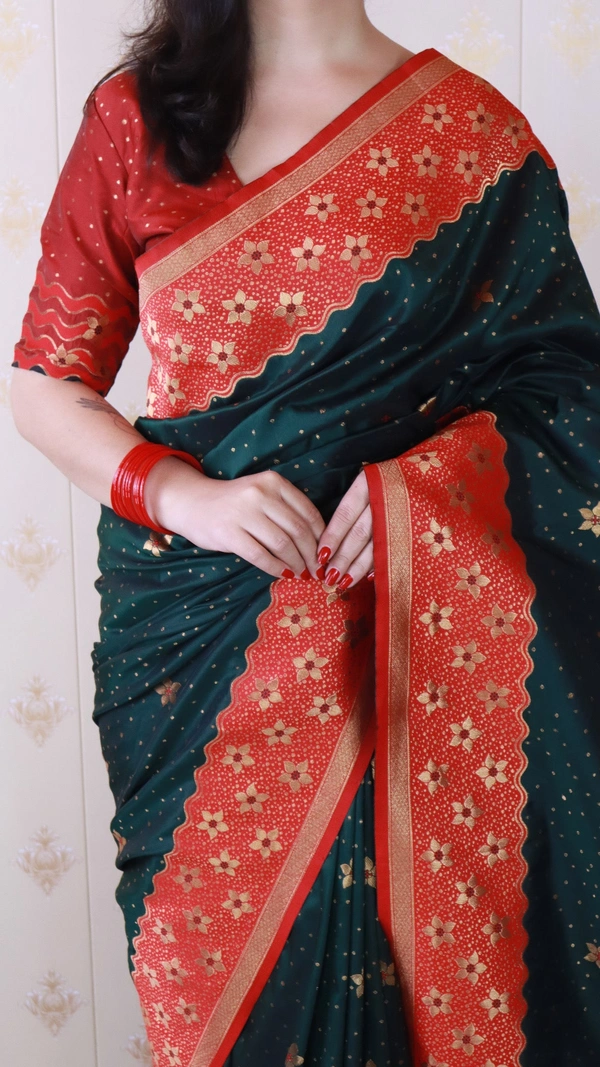 Premium Banarasi Soft Silk Saree with Gold Zari Flower Weaves & Wavy Border - FREE, BOTTLEGREEN