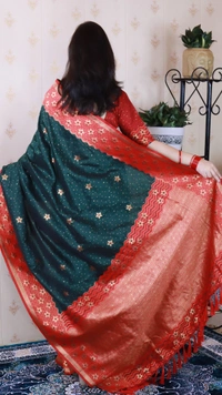 Premium Banarasi Soft Silk Saree with Gold Zari Flower Weaves & Wavy Border - FREE, BOTTLEGREEN