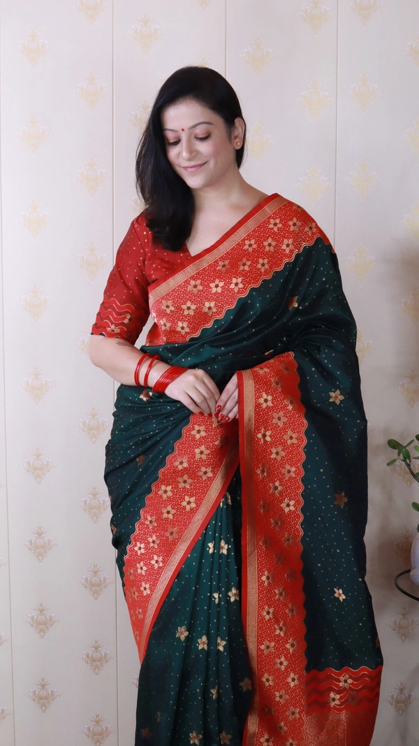 Premium Banarasi Soft Silk Saree with Gold Zari Flower Weaves & Wavy Border - FREE, BOTTLEGREEN