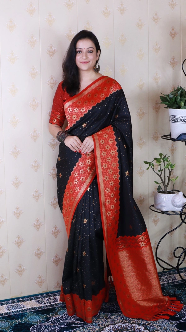 Premium Banarasi Soft Silk Saree with Gold Zari Flower Weaves & Wavy Border