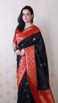 Premium Banarasi Soft Silk Saree with Gold Zari Flower Weaves & Wavy Border - FREE, BLACK