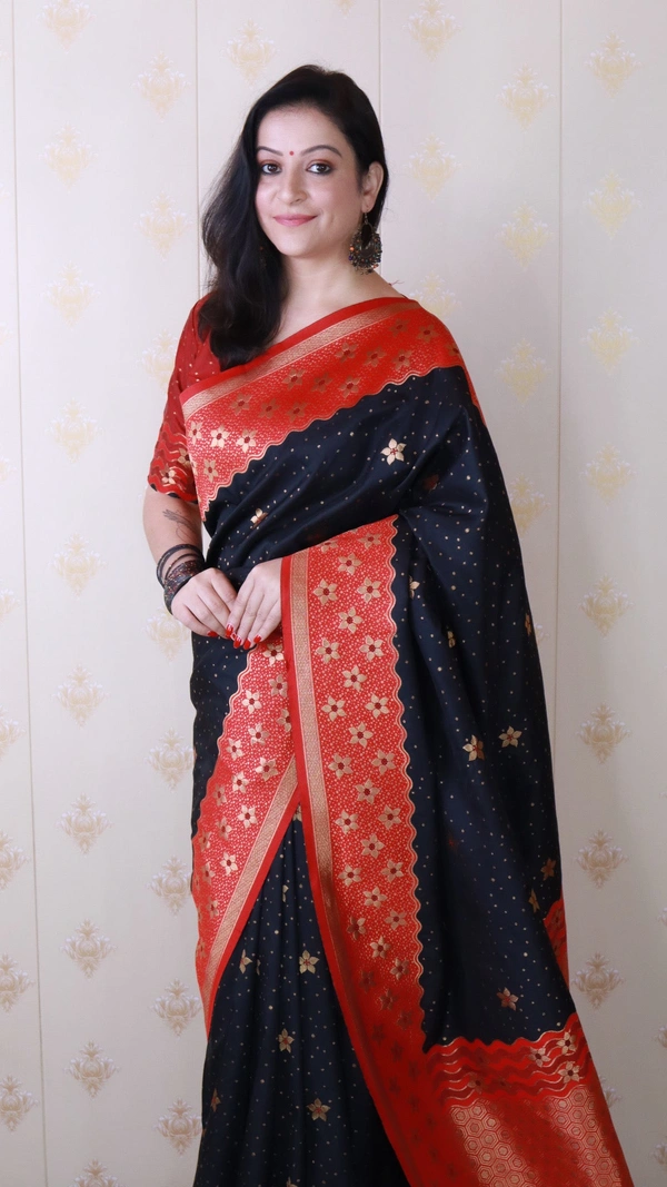 Premium Banarasi Soft Silk Saree with Gold Zari Flower Weaves & Wavy Border - FREE, BLACK