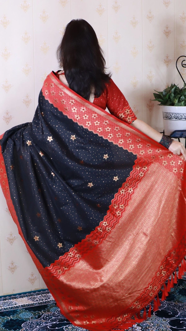 Premium Banarasi Soft Silk Saree with Gold Zari Flower Weaves & Wavy Border - FREE, BLACK