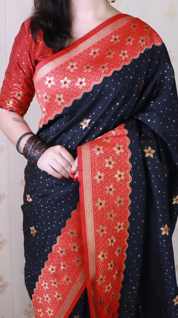 Premium Banarasi Soft Silk Saree with Gold Zari Flower Weaves & Wavy Border - FREE, BLACK