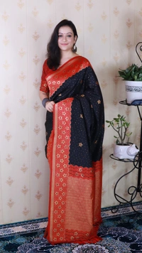 Premium Banarasi Soft Silk Saree with Gold Zari Flower Weaves & Wavy Border - FREE, BLACK