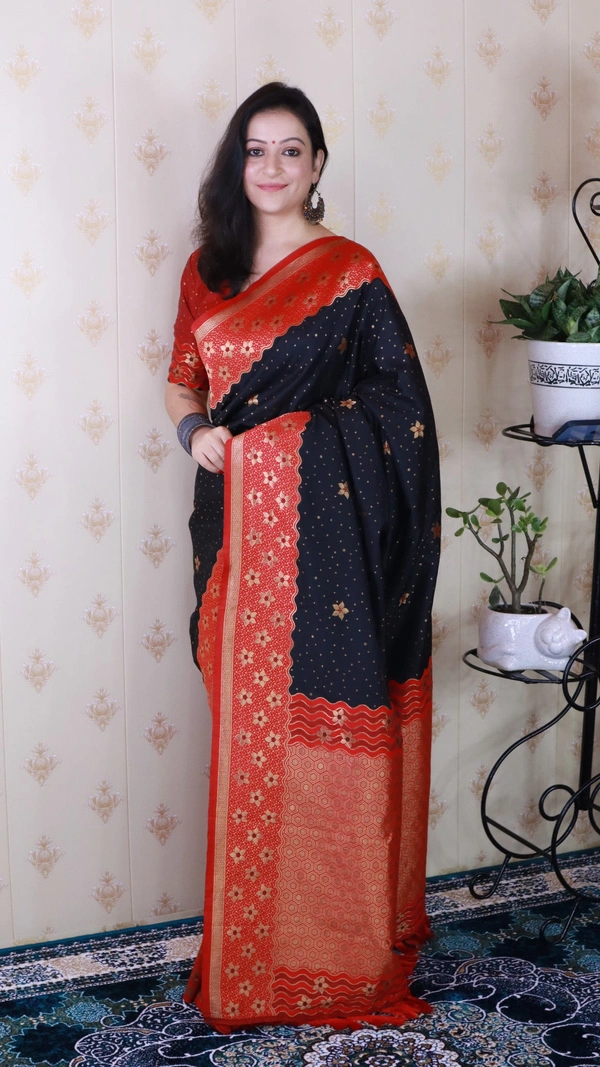 Premium Banarasi Soft Silk Saree with Gold Zari Flower Weaves & Wavy Border - FREE, BLACK