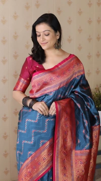 Premium Banarasi Soft Silk Saree with Gold Zari Zigzag Geometric Weaves - FREE, DENIM