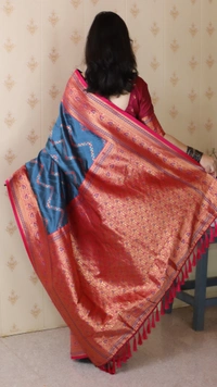 Premium Banarasi Soft Silk Saree with Gold Zari Zigzag Geometric Weaves - FREE, DENIM
