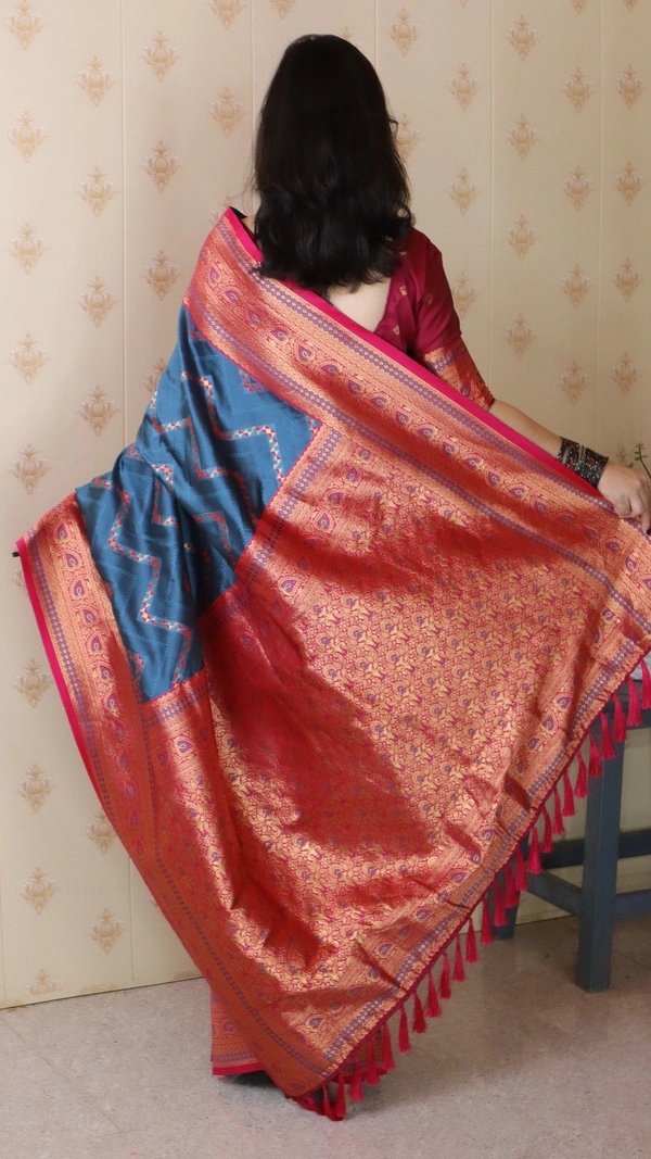 Premium Banarasi Soft Silk Saree with Gold Zari Zigzag Geometric Weaves - FREE, DENIM