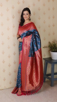 Premium Banarasi Soft Silk Saree with Gold Zari Zigzag Geometric Weaves - FREE, DENIM