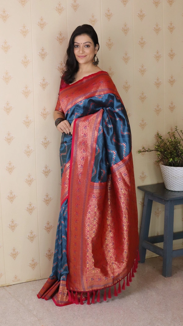 Premium Banarasi Soft Silk Saree with Gold Zari Zigzag Geometric Weaves - FREE, DENIM