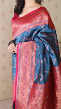 Premium Banarasi Soft Silk Saree with Gold Zari Zigzag Geometric Weaves - FREE, DENIM