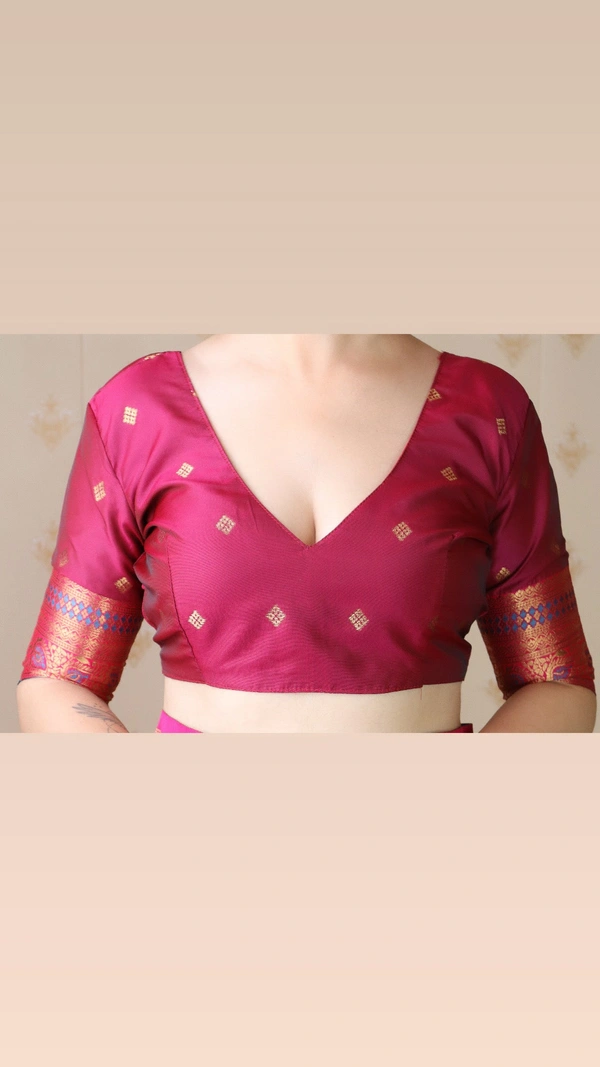 Premium Banarasi Soft Silk Saree with Gold Zari Zigzag Geometric Weaves - FREE, DENIM
