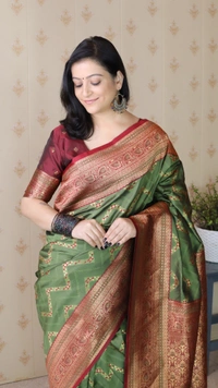 Premium Banarasi Soft Silk Saree with Gold Zari Zigzag Geometric Weaves - FREE, GRNMAROON