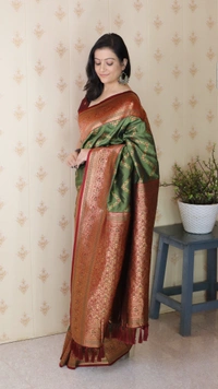 Premium Banarasi Soft Silk Saree with Gold Zari Zigzag Geometric Weaves - FREE, GRNMAROON