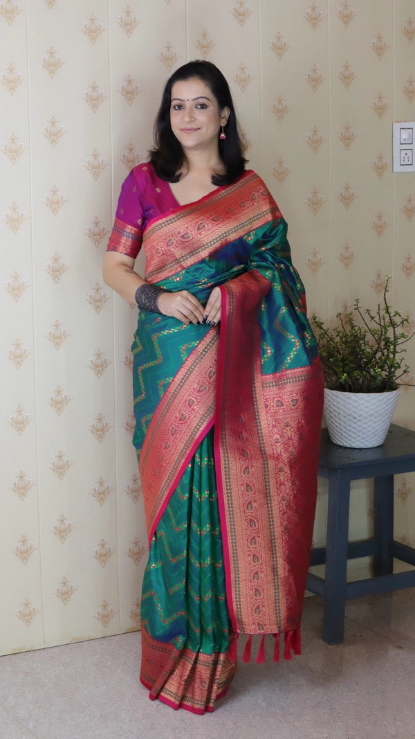 Premium Banarasi Soft Silk Saree with Gold Zari Zigzag Geometric Weaves